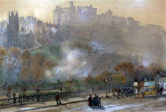 Herbert Menzies Marshall (1841-1913) An omnibus and figures below Edinburgh Castle,